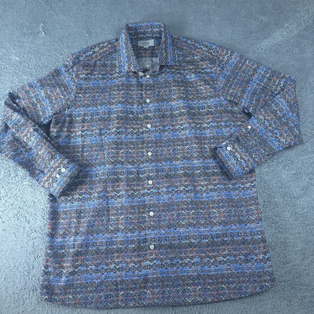 Eton Dress Shirt Mens 2XL Blue Fair Isle Contemporary Fit Long Sleeve Cotton